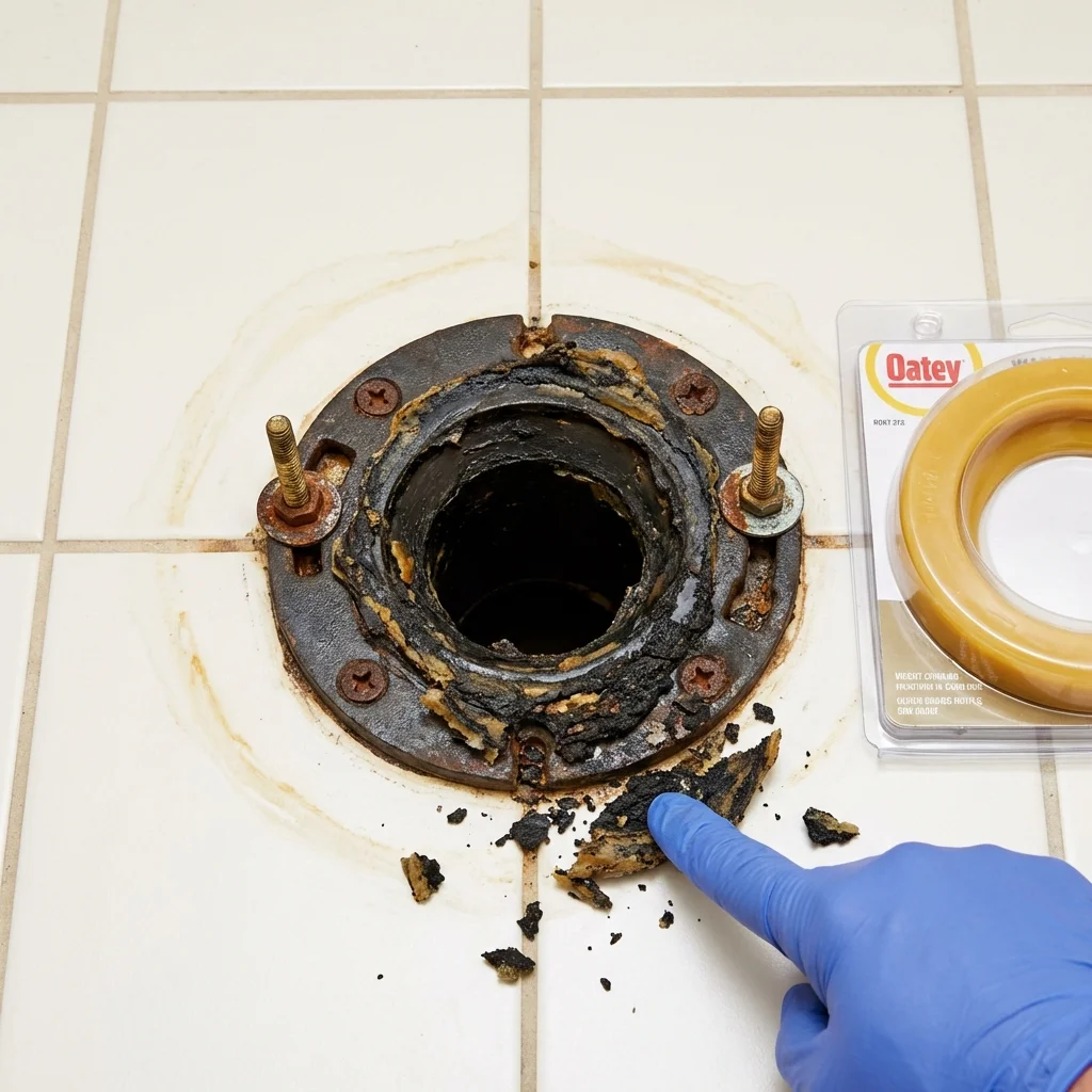 Failed wax ring showing water seepage at the base of a toilet in a Canton, MS home